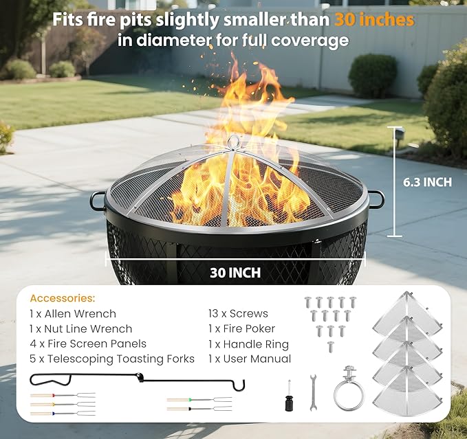 Fire Pit Spark Screen 30 Inch Round, Heavy Duty Stainless Steel Outdoor Fire Pit Screen Cover with Foldable Hook & Marshmallow Sticks, Mesh Spark Protector for Backyard, Camping, Beach
