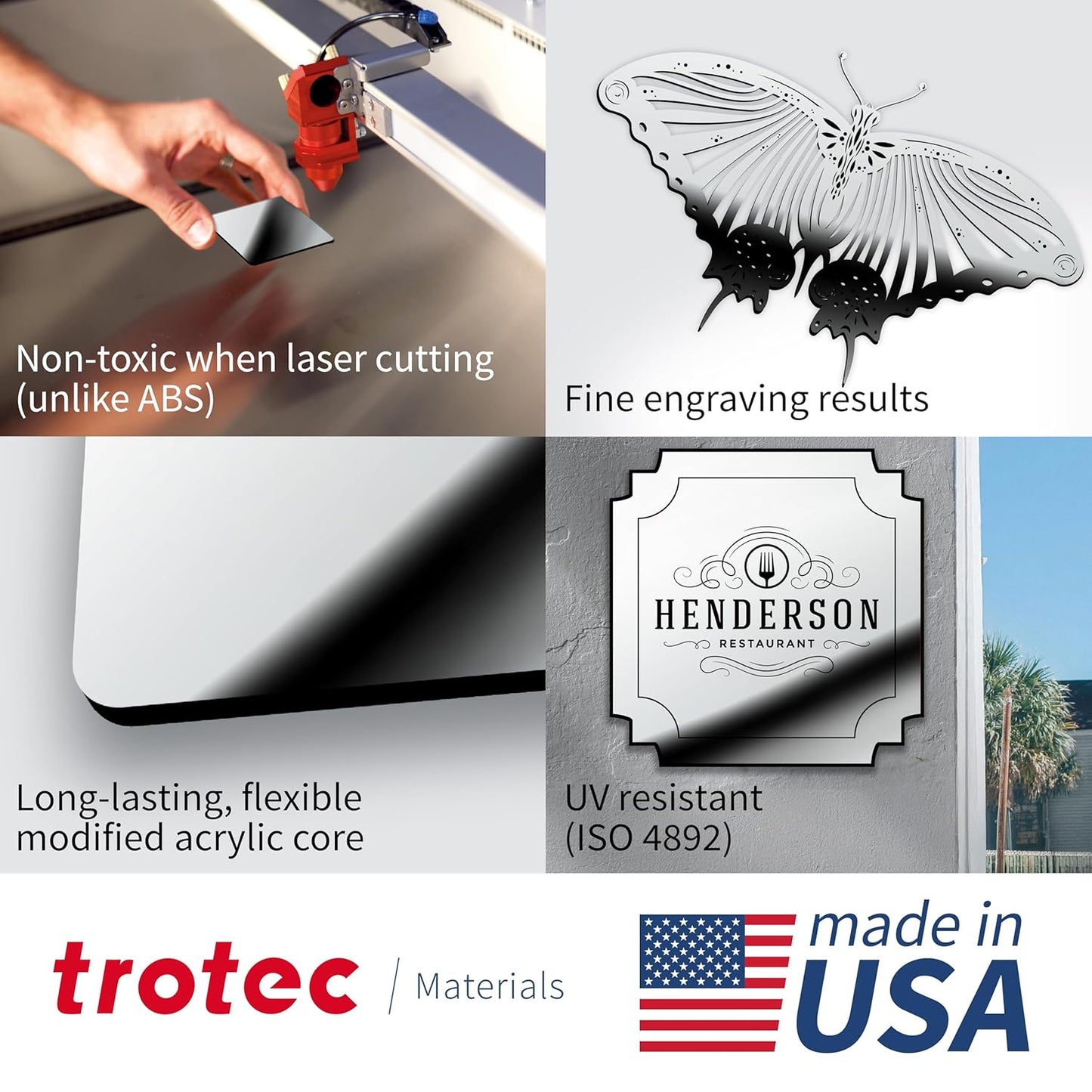 Trotec | Metallic Looking Acrylic Sheet | 12"x12"x1/16, 8 Pcs | Bright Chrome/Black | Metallic Finish - Scratch Resistant for Laser Engraving & Cutting,Printing,Glowforge,Name Plate | USA Made