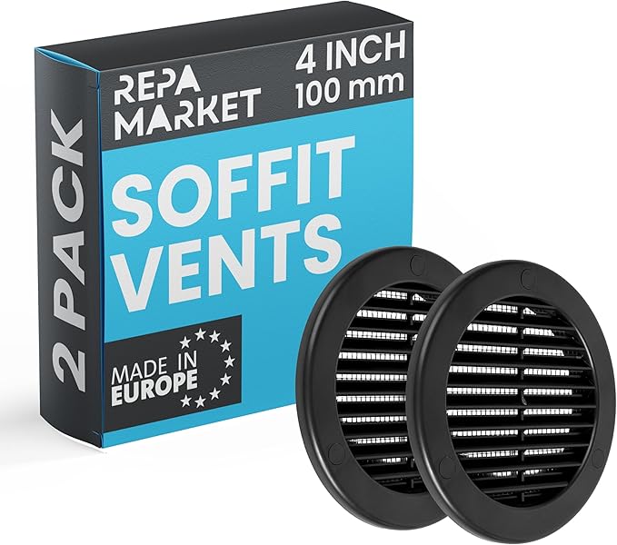 Repa Market 4 Inch (Opening) Black Round Air Vent Cover - Pack of 2 Plastic Fresh Air Intake Vent - Grill Cover with Nylon Mesh Screen - Wall or Ceiling HVAC Return Air Register - Modern Soffit Vents