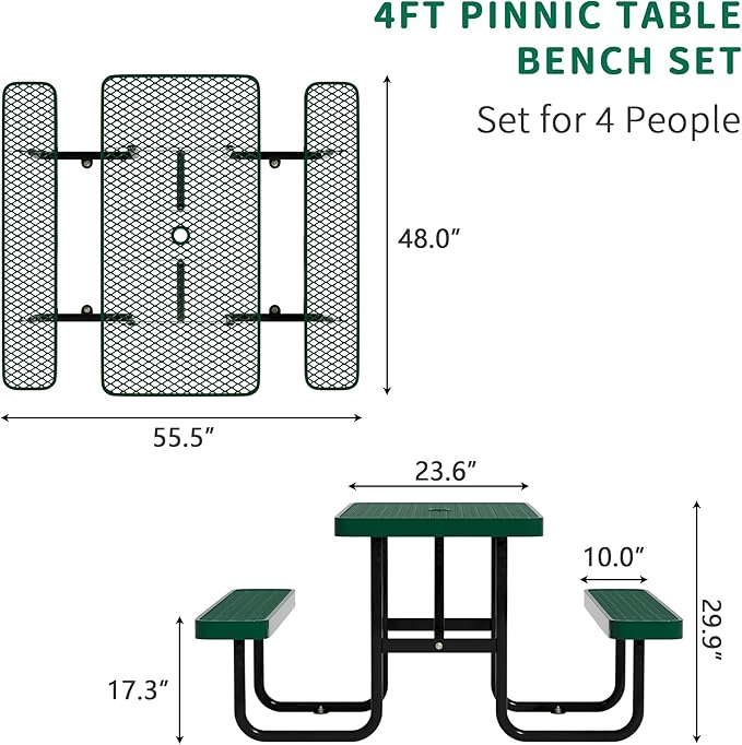 4FT Rectangular Metal Picnic Table for Outdoors, Commercial Steel Metal Picnic Tables, Heavy Duty Sturdy Picnic Tables Furniture Set for Patio Garden Courtyard BBQ, With Umbrella Hole, Green