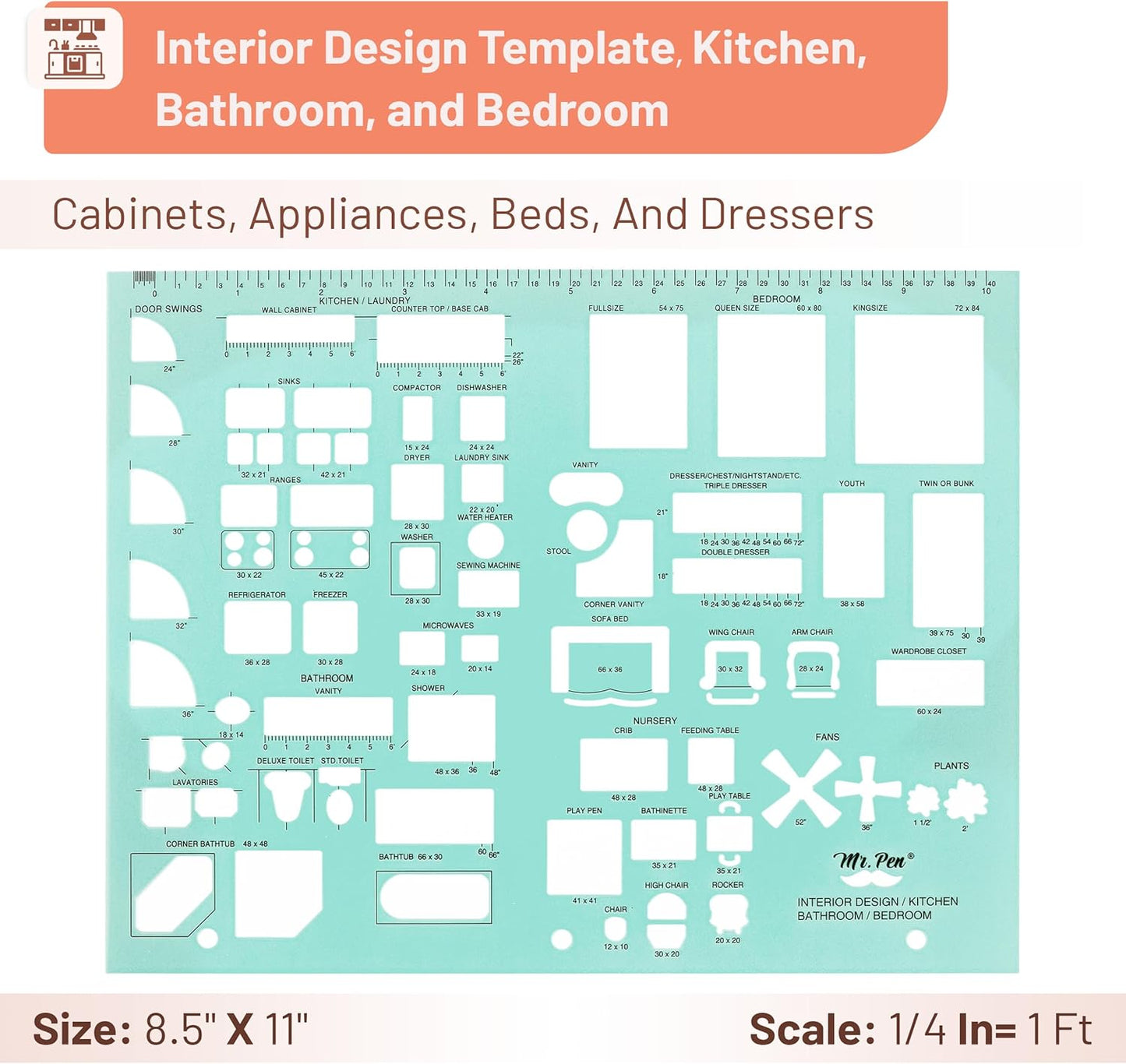 Mr. Pen- House Plan, 3 Pack, Green, Interior Design and Furniture Templates, Drafting Tools and Ruler Shapes for Architecture, Drafting Tools, Architecture Supplies, Drafting Templates
