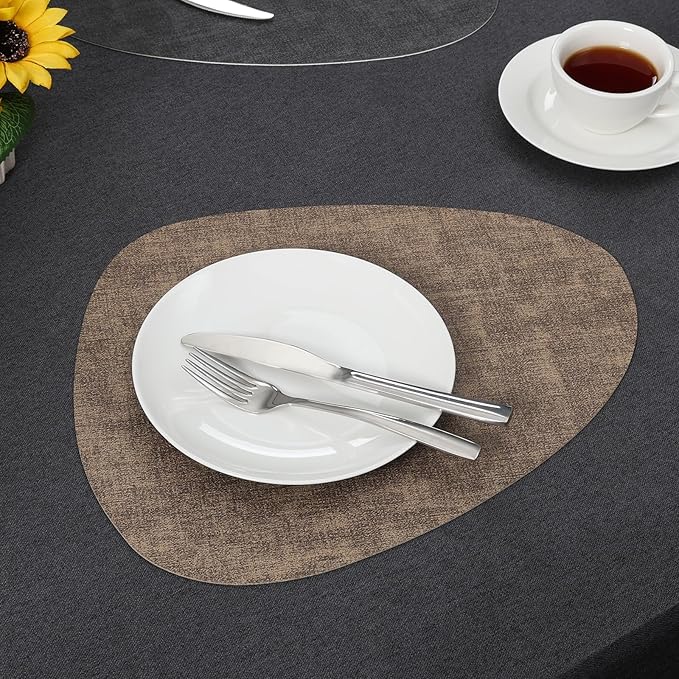 Placemats and Coasters, Washable Reversible Placemats Round Faux Leather Wipeable Place Mats Non Slip Heat Resistant Indoor Outdoor Table Mats (Set of 6, Gray Brown)