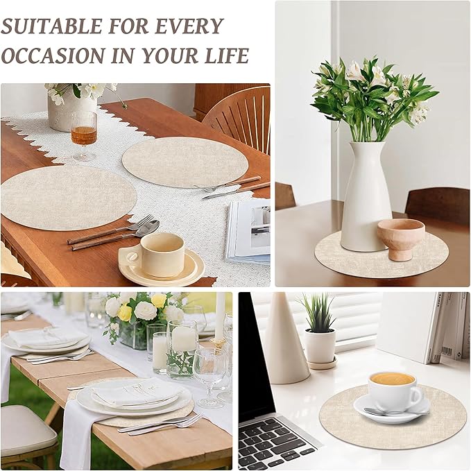 13" Round Placemats Set of 12, Reversible Faux Leather Heat Resistant Table Mats, 100% Waterproof Oilproof Wipeable Table Protective Placemats for Vinyl, Washable for Indoor (12, Beige)
