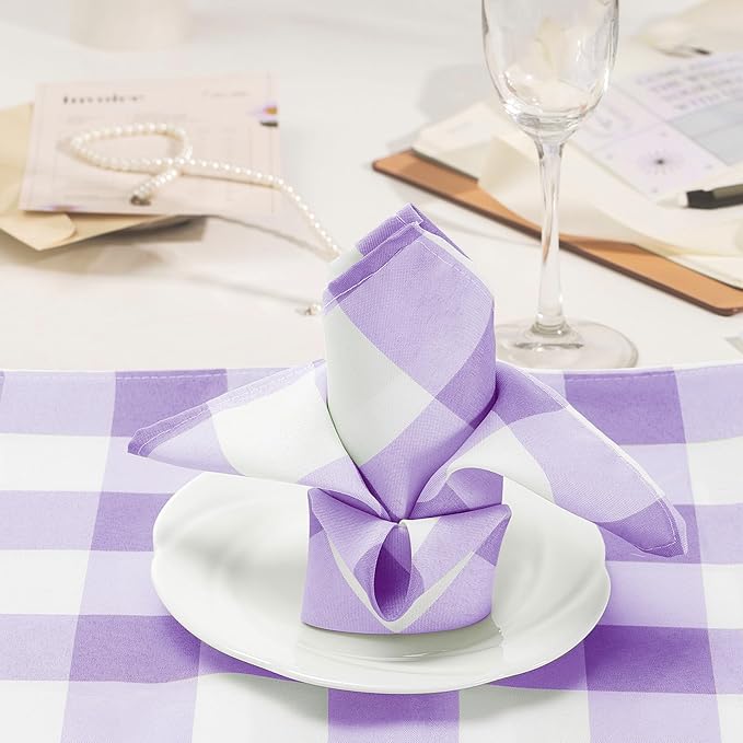 Buffalo Plaid Table Napkins Set of 12 Checkered Cloth Napkins 17x17 inch Washable Dinner Gingham Pattern Napkins Soft Napkins for Wedding Party Dining Banquet(Lavender and White)