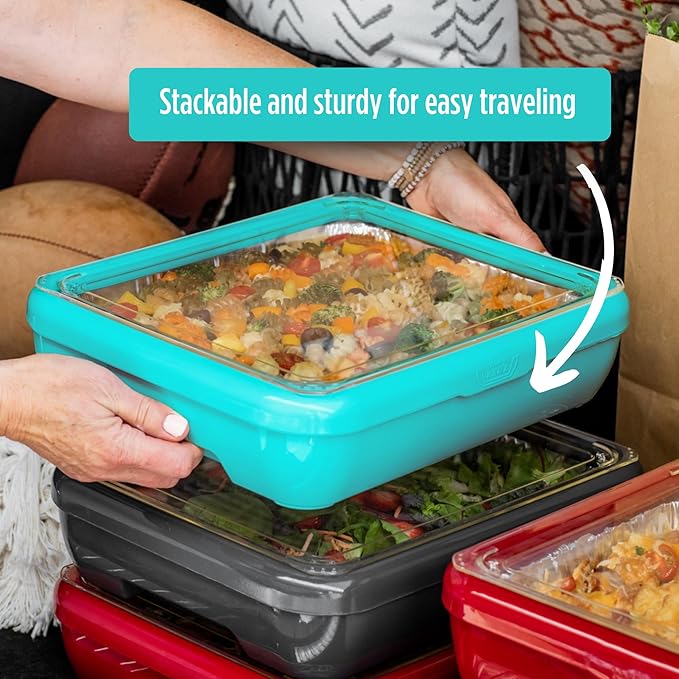 Fancy Panz - Aqua Classic Aluminum Foil Pan Carrier with Lid - Elevated Food Serving Tray - Portable Casserole Carrier with Lid - Made in The USA Hosting Essentials