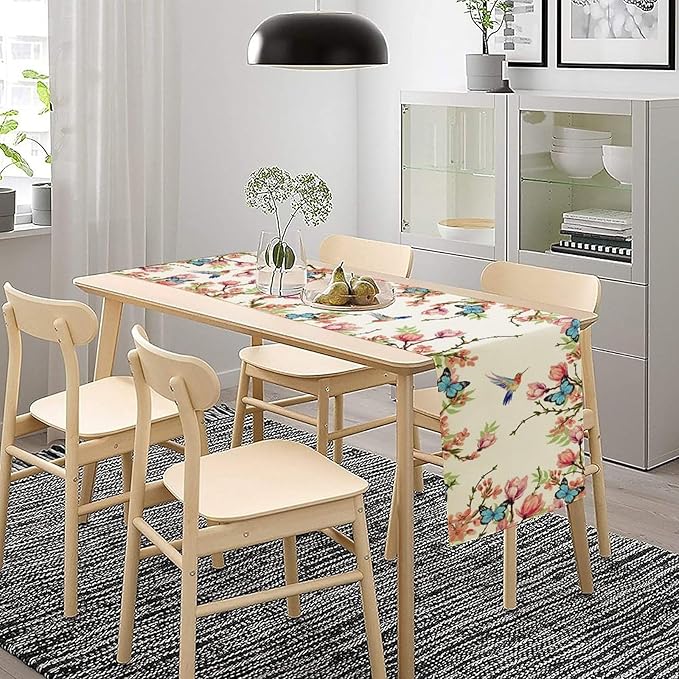 Spring Flower Table Runner, Seasonal Rustic Garden Flowers Bird Butterfly Print Table Runner for Home Kitchen Table Decor, 13x108inch
