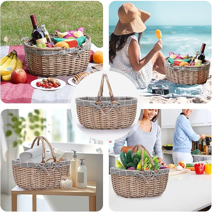 G GOOD GAIN Oval Picnic Basket with Folding Handles, Willow Hand Woven Shopping Basket, Bath Storage Gift Packing Basket, Wicker Empty Easter Eggs and Candy Small Gift Basket.GreyCheck