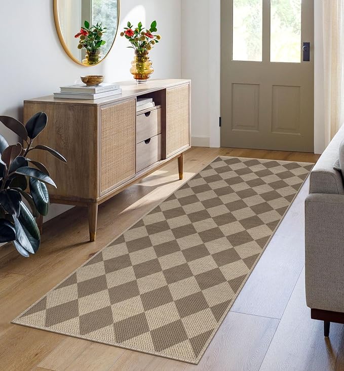 Easy Jute Checkered Runner Rug, 2x6 Brown Modern Washable Rugs Runner for Hallway Non-Slip Long Kitchen Rug, Geometric Diamond Indoor Outdoor Carpet for Porch Laundry Entryway