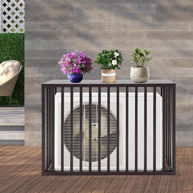 Air Conditioner Fence with Top Cover, 4 Panels 39.4 "L x 19.7 "W x 27.6" H Privacy Fence Panels for Outside, Freestanding Metal Trash Can Hider Outdoor, No-Dig Air Conditioner Sun Blocker Kit (Brown)