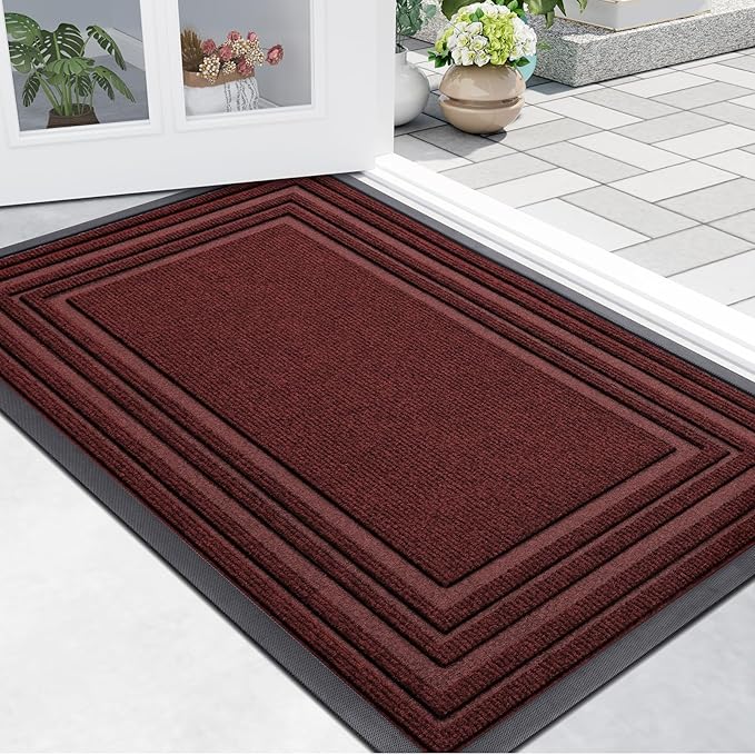 Buganda Front Door Mat Indoor Outdoor Entrance, Non-Slip Natural Rubber Doormats, Easy Clean, Low Profile, Dirt Trapper Entryway Floor Mats for Outside, Garages and Patios, 29.5x17, Wine Red