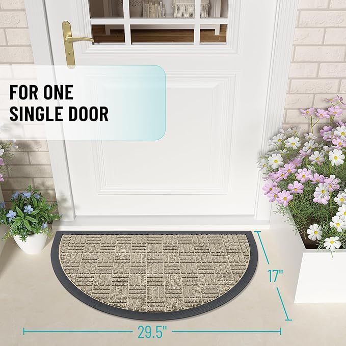 OLANLY Half Circle Door Mat Outside Entrance 29.5x17, Absorbent, Heavy Duty Sturdy Natural Rubber Doormat Indoor Outdoor, Fade Resistant, Non-Slip Backing Low Profile Floor Mat for Entryway, Beige