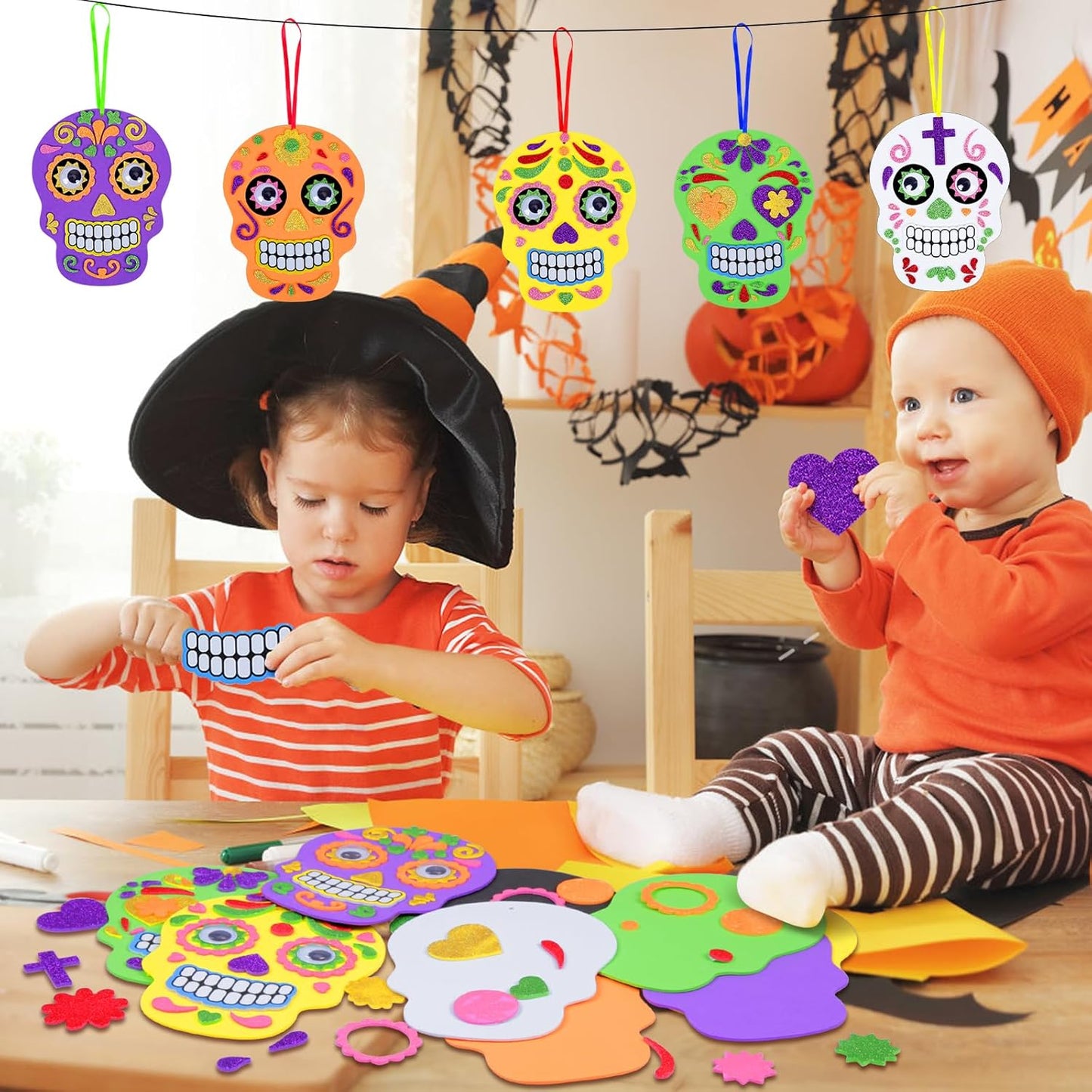 Fennoral 12 Pack Day of The Dead Craft Kits for Kids Make You Own Skull Foam Stickers Ornament DIY Arts and Crafts for Girls Boys Halloween Party Favors Supplies Halloween Decoration