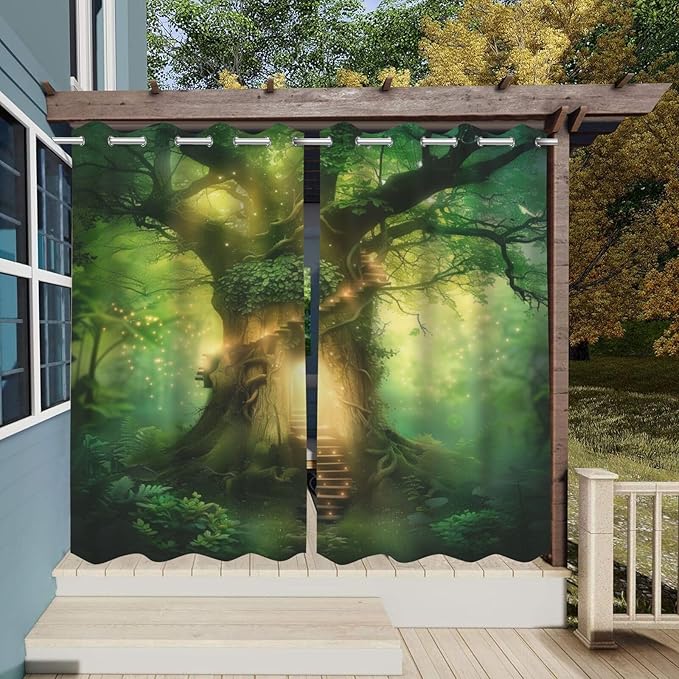 Fantasy Theme Waterproof Indoor/Outdoor Curtains,Forest Pattern,Privacy, Grommet Curtains for Patio, Pergola, Porch, Deck, Lanai, and Cabana,2 Panel,W54 x L96,Green