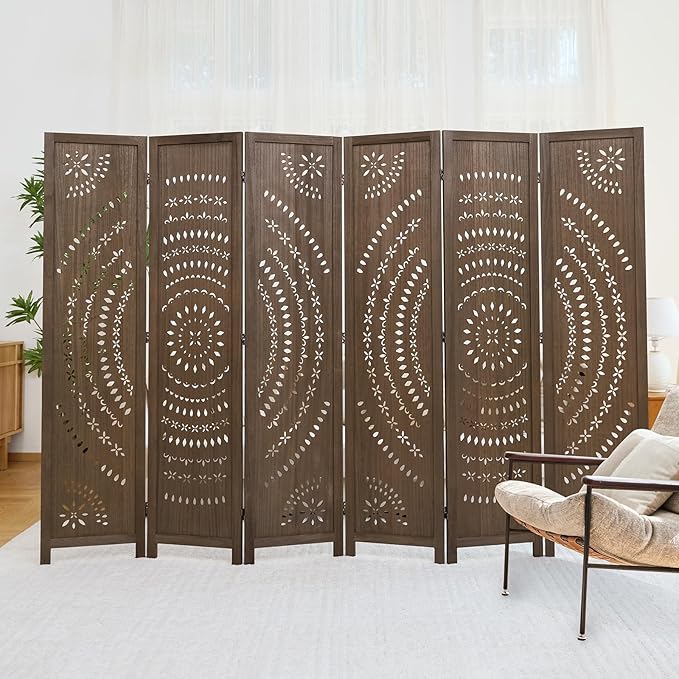 66.9Inch Folding Room Divider, 6 Panels Wood Carved Privacy Screens Free Assembled Freestanding Partition for Bedroom Home Office (Brown)