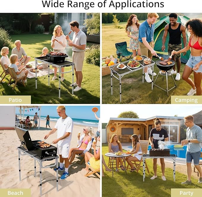 Anbte 3ft Folding Grill Table with Storage Bag, 3 Adjustable Height 27.5" Aluminum Portable Grill Table, Heat Resistant, Lightweight, Portable Handle for BBQ Cooking Camping Travel, 35" X 16", Silver