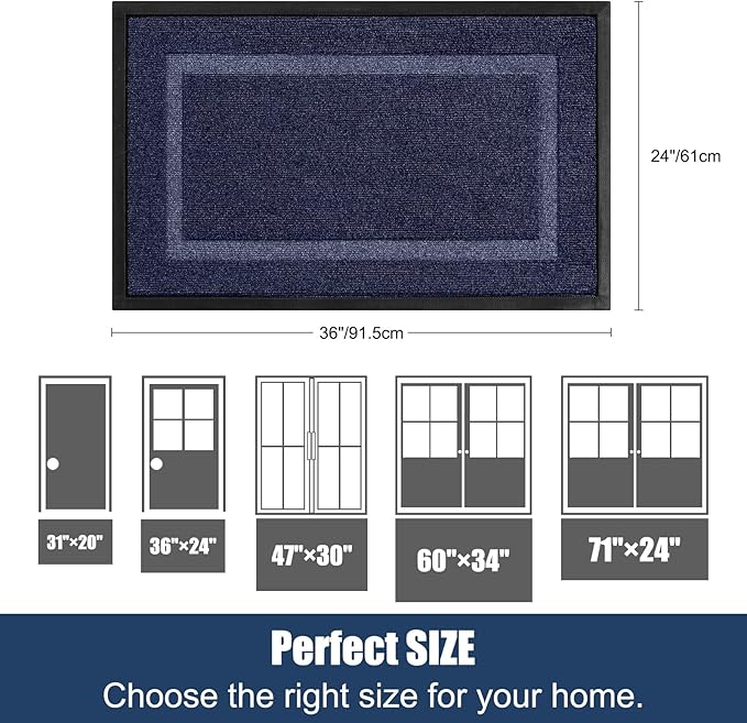 Large Front Door Mat Outside Entrance Indoor Doormat, 36" x 24" Outdoor Mats for Patio Waterproof, Outdoor Door Mats for Outside Entry, Indoor Rugs for Entryway, Sturdy Natural Rubber, Blue