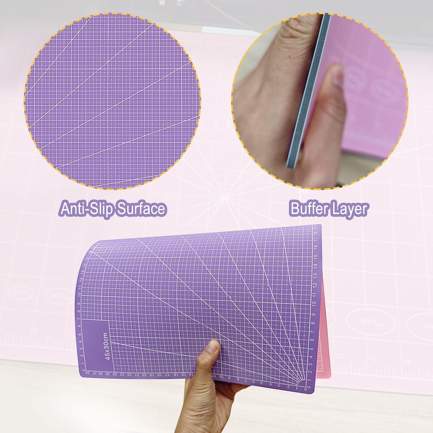 2 PCS Self Healing Cutting Mat 12" x 18": Sewing Rotary Cutting Mat for Crafts and Fabric Sewing Scrapbooking Quilting and Precision Cutting Purple & Pink Design (2, Purple & Pink)