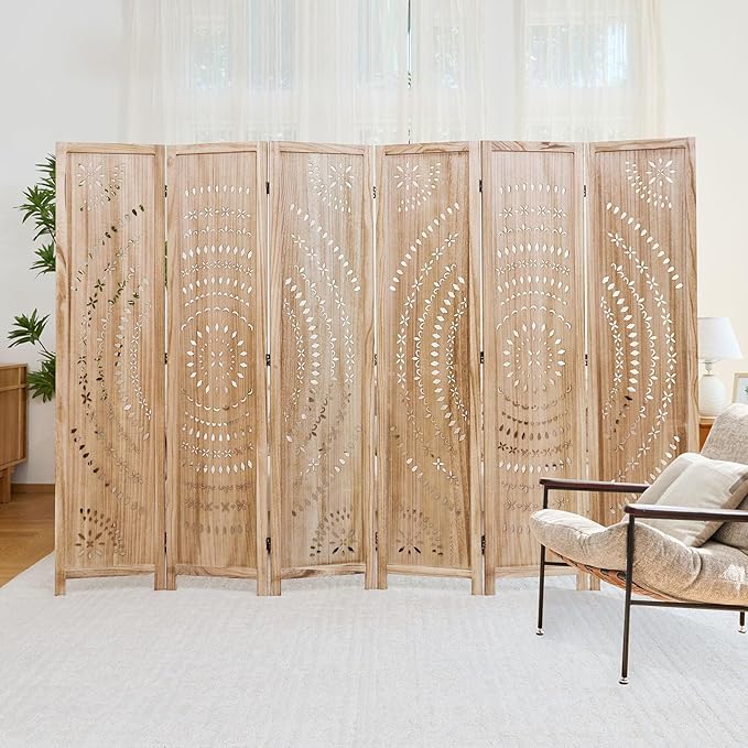 66.9Inch Folding Room Divider, 6 Panels Wood Carved Privacy Screens, Free Assembled Freestanding Partition for Home Office Restaurant Bedroom (Natural)