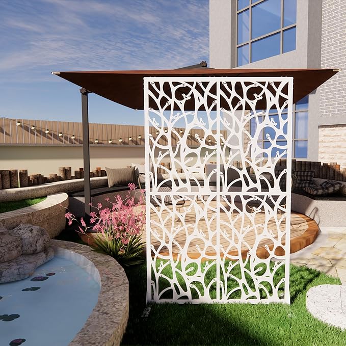 Metal Privacy Screen Room Divider 72" H x 45.3" W, Free Standing Decorative Panel with Bird Design for Indoor Outdoor Use, Black Iron Partition for Patio Balcony Garden (Bird White)