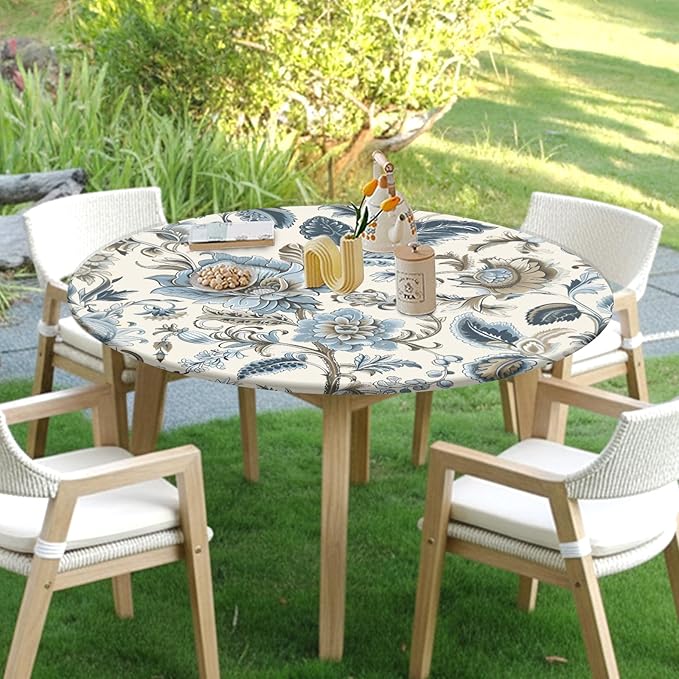 Vintage Floral Round Fitted Tablecloth with Elastic Blue Brown Chinoiserie Flower Circle Table Cloth for 44-48" Round Tables Wipeable Waterproof Elegant Rustic Table Cover for Dining Patio Picnic
