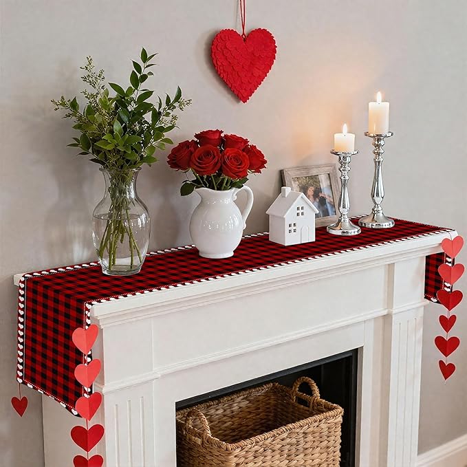 Valentine’s Day Love Heart Red Black Buffalo Plaid Table Runner 13x108 Inch Seasonal Holiday Kitchen Dining Tabletop Runners for Anniversary Mantel Party Indoor Outdoor Decoration