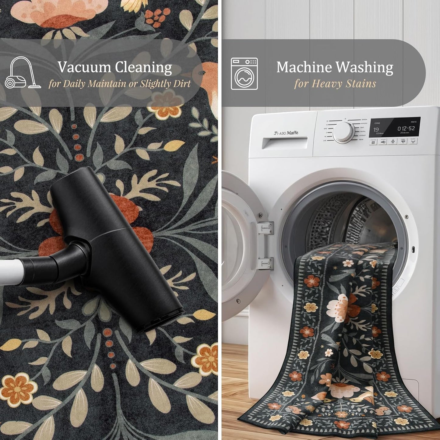 Morebes Washable 9x12 Area Rugs for Living Room, Large Bird Floral Dining Room Rug Non Slip, Ultra-Thin Boho Insect Distressed Soft Carpet for Kids Bedroom Office Decor, Black/Muliti