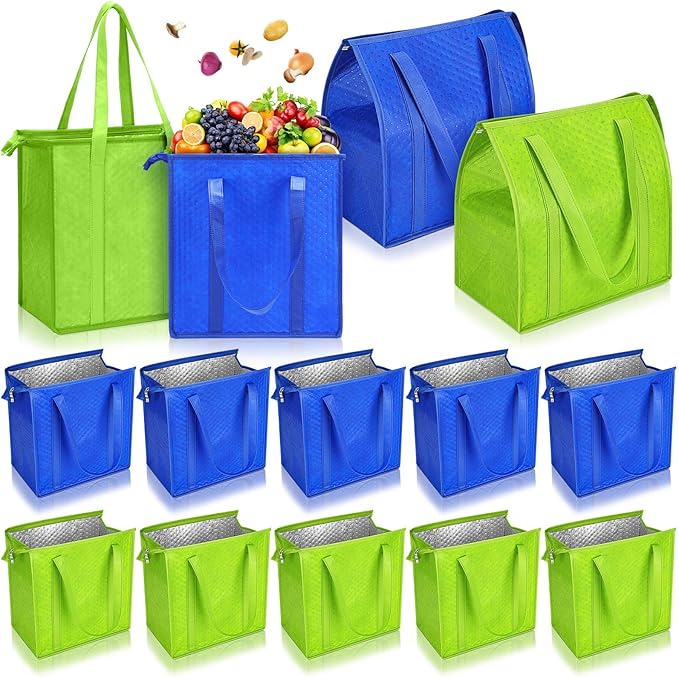 10 Pack Large Insulated Grocery Bags Reusable Shopping Bags with Zippered Top 13 x 12 x 7 Inch Thermal Cooler Totes Bulk with Handles for Hot Cold Food Delivery Refrigerator(Green, Blue)