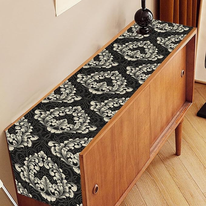 Gothic Table Runner, Retro Black Damask Baroque Style Floral Bohemian Exotic Coffee Vintage Table Center Decor for Kitchen and Dining Outdoor Home Country Party Table Decorations, 13"x72"