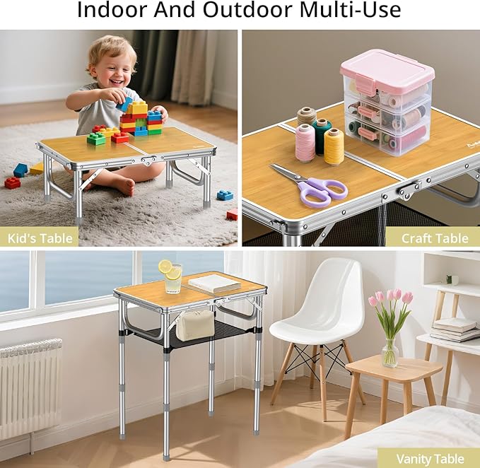 Anbte 2ft Camping Table Foldable, 3 Adjustable Heights High 27.5" Aluminum Small Folding Table with Carrying Handle, Portable, for Outdoor Indoor Picnic Beach BBQ Party Travel, 24" x 16", Yellow