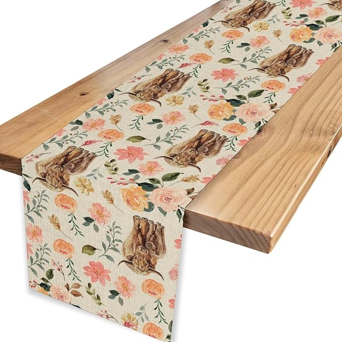 Cow Table Runner, Rustic Farmhouse Pink Floral Flower Spring Summer Yak Leaves Seasonal Coffee Table Center Decor for Home Kitchen Dining Patio Holiday Party Indoor Outdoor Table Decorations, 13"x90"