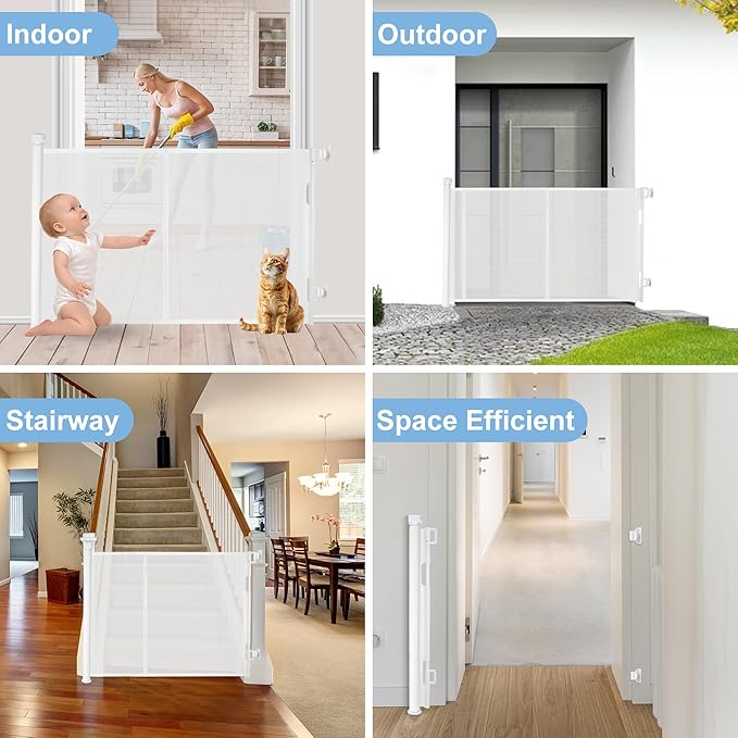 120 inches Extra Wide Baby Gate, 34 inches Tall Retractable Pet Gate for Large Openings, Hallways, Room Dividers, Mesh Safety Barrier for Indoor Outdoor Use, White