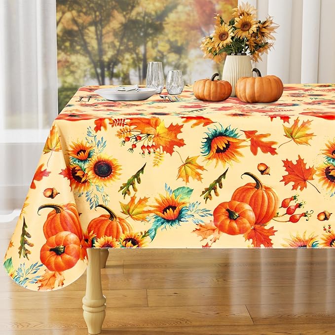 misaya Rectangle Waterproof Vinyl Table Cloth, Wipeable Tablecloth with Flannel Backing, Plastic Table Cover for Fall, Thanksgiving (Pumpkin, 60" x 120")