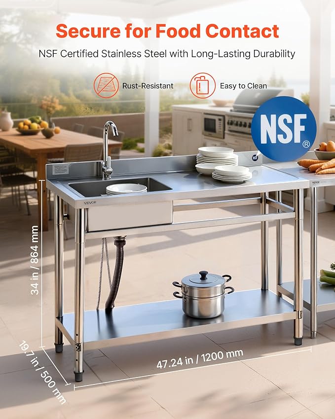 VEVOR Stainless Steel Utility Sink, Free Standing Single Bowl Commercial Kitchen Sink with Faucet, Utility Right Basin Workbench with Hot & Cold Water Pipe for Garage Restaurant Laundry, 47x19.7x37 in
