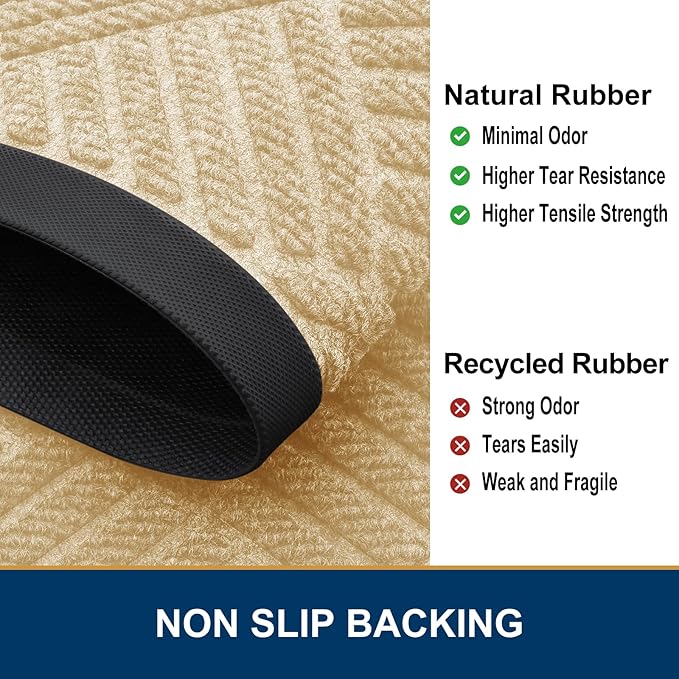 Smiry Front Door Mat Outside Entrance, Heavy Duty Outdoor Indoor Natural Rubber Doormat, Non Slip, Trap Dirt and Moisture, Easy Clean, Low Profile Patio Porch Entryway Mat, 47x23, Beige
