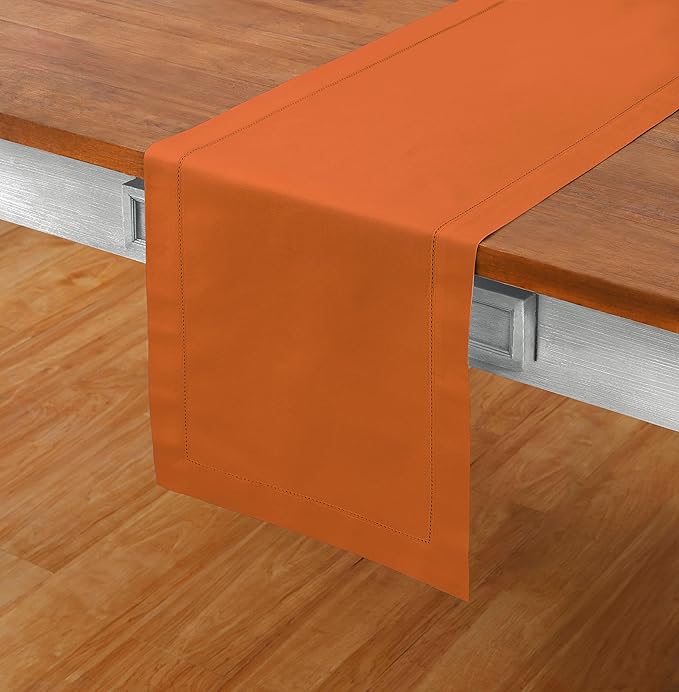 Solino Home Cotton Linen Table Runner 60 Inches - Pumpkin Hemstitch Table Runner 14 x 60 Inch Ideal for Dresser and Coffee Tables