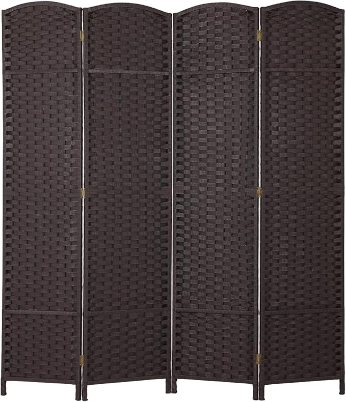 FDW Room Divider 4 Panel Screen 5.6 Ft Tall Partition Privacy Screens Folding Room Separation Free Standing Waterproof Wood Frame Wall Divider, Dark Brown