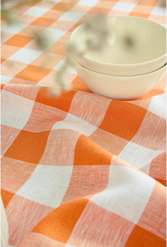 Solino Home Linen Checkered Table Runner 132 Inches Long - 100% Pure Linen Buffalo Check Pumpkin and White Table Runner 14 x 132 Inch Ideal for Dining