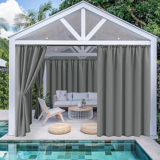 HolidayIdeas Outdoor Patio Curtains Waterproof with Rod Pocket 6 Pcs 54x108 Inch- Protect Privacy Balcony Outdoor Curtains for Apartments,Porch, Gazebo, Pergola, Sliding Glass Door, Grey