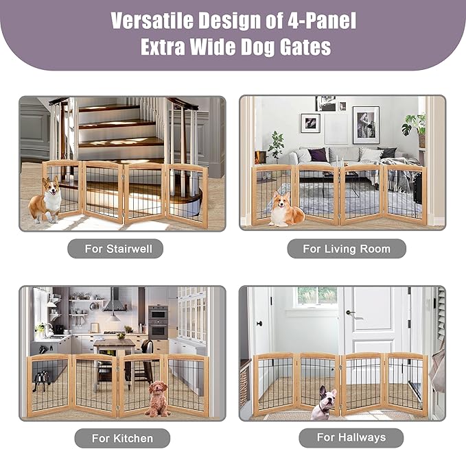 LZRS 4-Panel Extra-Wide Wooden Freestanding Dog Gate: Foldable Solid Wood and Steel Wire Chew Resistant Safety Barrier for Doorways, Stairs, and Large Open Spaces Indoor Use, Natural