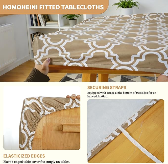 Rectangle Picnic Table Cloth, Elastic Waterproof Fitted Vinyl Tablecloths for 4 Foot Tables, Wipeable Flannel Backed Table Covers for Dining, Camping, Outdoor(Khaki,30"x48")