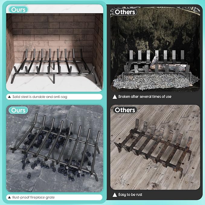 30-Inch Fireplace Grate, Heavy Duty 8-Bar Log Rack Holder Made of Solid Round Steel for Indoor/Outdoor Fire Pits, Wood Stoves & Kindling Tools