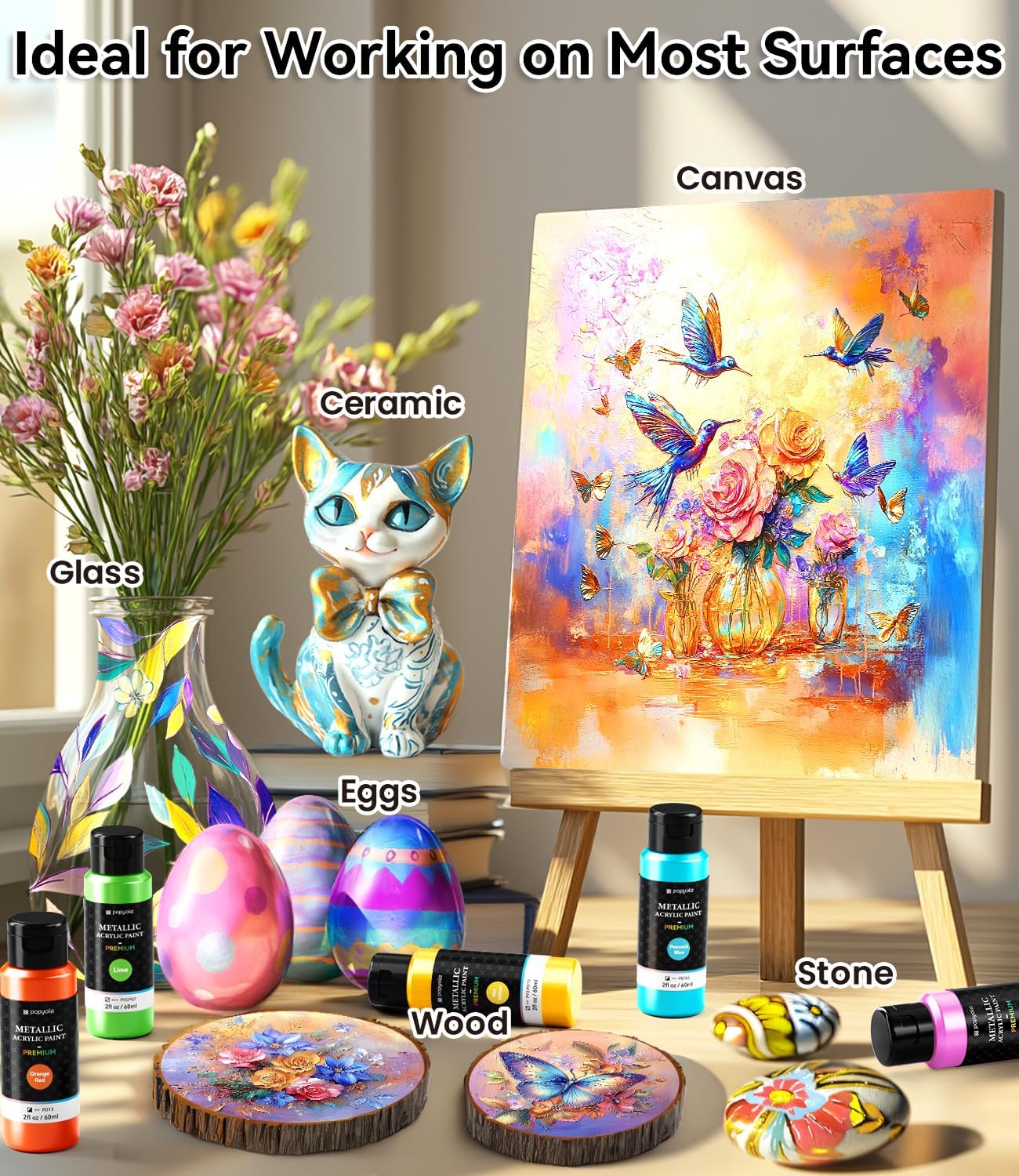 52 PCS Metallic Acrylic Paint Set with 12 Brushes, 2 Knives & Palette, 36 Colors (2oz/60ml) Art Craft Paint for Adults Kids Artists Beginners, Halloween Pumpkin Canvas Ceramic Rock Painting Kit