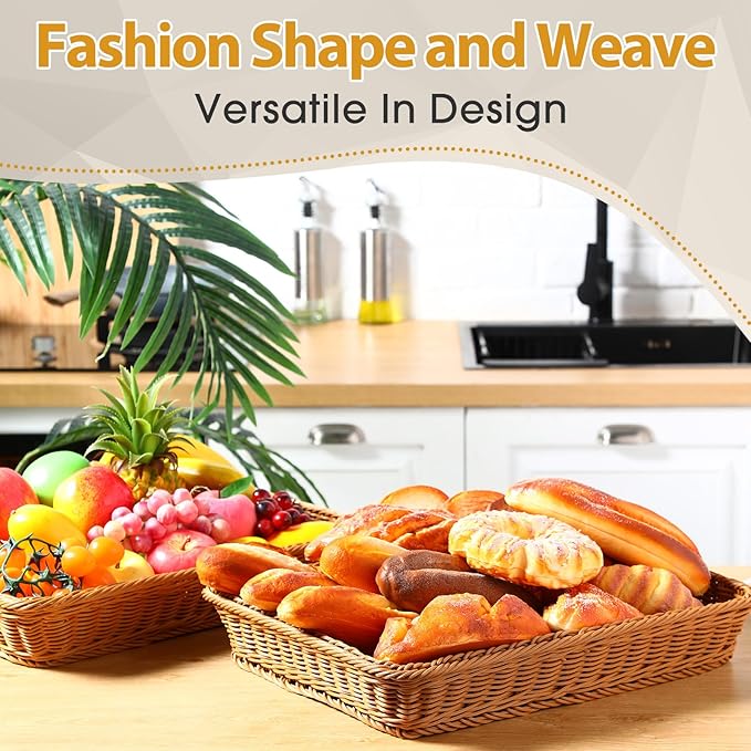 Eccliy 6 Pack Poly Wicker Bread Baskets 19 Inch Imitation Rattan Serving Trays for Bread Snacks Fruit Vegetables Tabletop Display Basket for Kitchen Restaurant Home Hotel