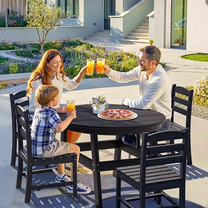 5 Piece Round Outdoor Dining Set, Relaxing HDPE Outdoor Table and Chairs with 105° Ergonomic Backrest, All-Weather Patio Table and Chairs Set with Umbrella Hole for Porch, Poolside, Black