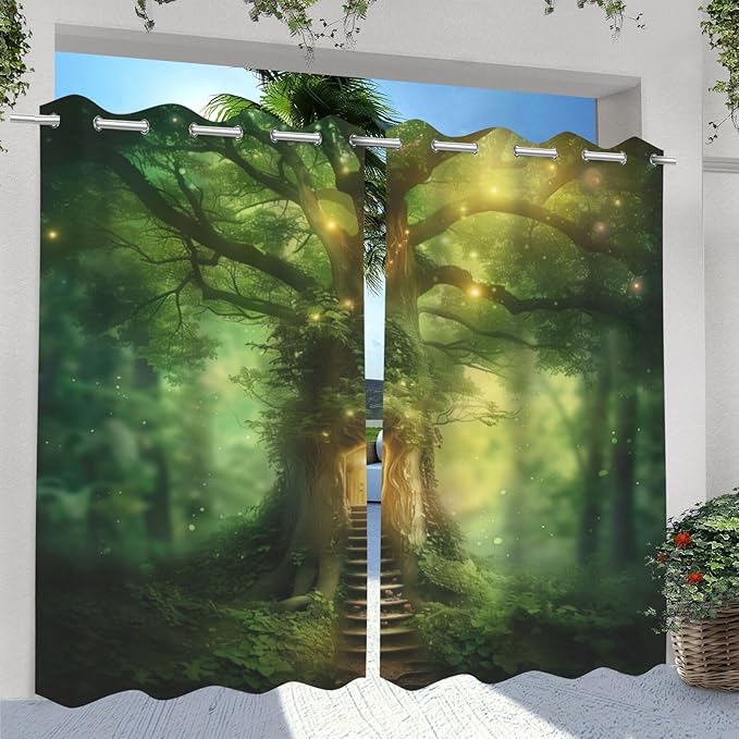 Fantasy Theme Waterproof Indoor/Outdoor Curtains,Forest Pattern,Weatherproof Outside Curtain for Cabana, Porch, Pergola and Gazebo,2 Panel,54 x 96 inch,Green