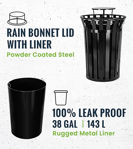Alpine Industries 38 Gallon Commercial Outdoor Metal Trash Can with Liner, Flat Lid & Rain Bonnet