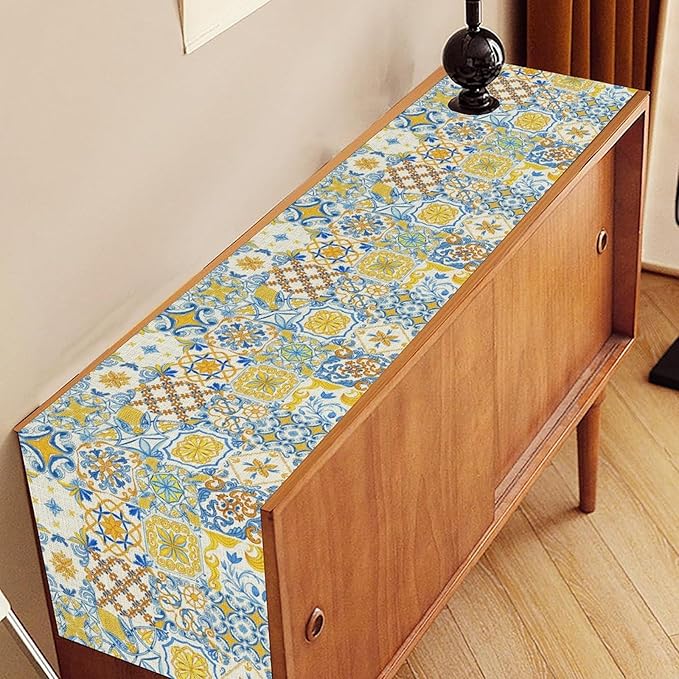 Mexican Table Runner, Blue Rustic Mexico Talavera Ceramic Dia De Los Muertos Coffee Table Center Decor for Family Home Kitchen and Dining Farmhouse Indoor Outdoor Table Decorations, 13" X 36"