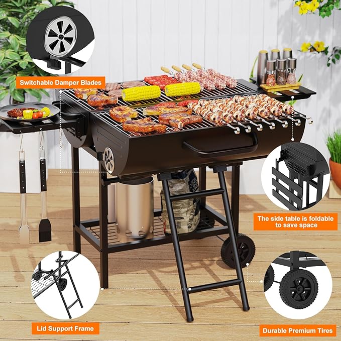 Extra Large Charcoal Barbecue Grill, 871 Sq. In. Cooking Space, Outdoor Barrel BBQ Grill with 2 Foldable Side Tables for Outdoor Backyard Patio Picnic Parties Camping, Black