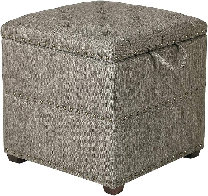 Adeco 18 Inch High Cube Ottoman Storage, Linen Grey Chair Foot Stools with Tray, Upholstered Vanity Stool