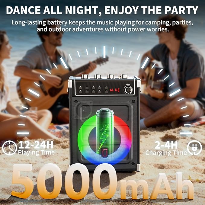 JYX Karaoke Machine with 2 Wireless Microphones, Portable Bass/Treble Bluetooth Speaker with LED Light, Support TWS, AUX in, FM, REC PA System with Remote Control, Supply for Party/Adults/Kids